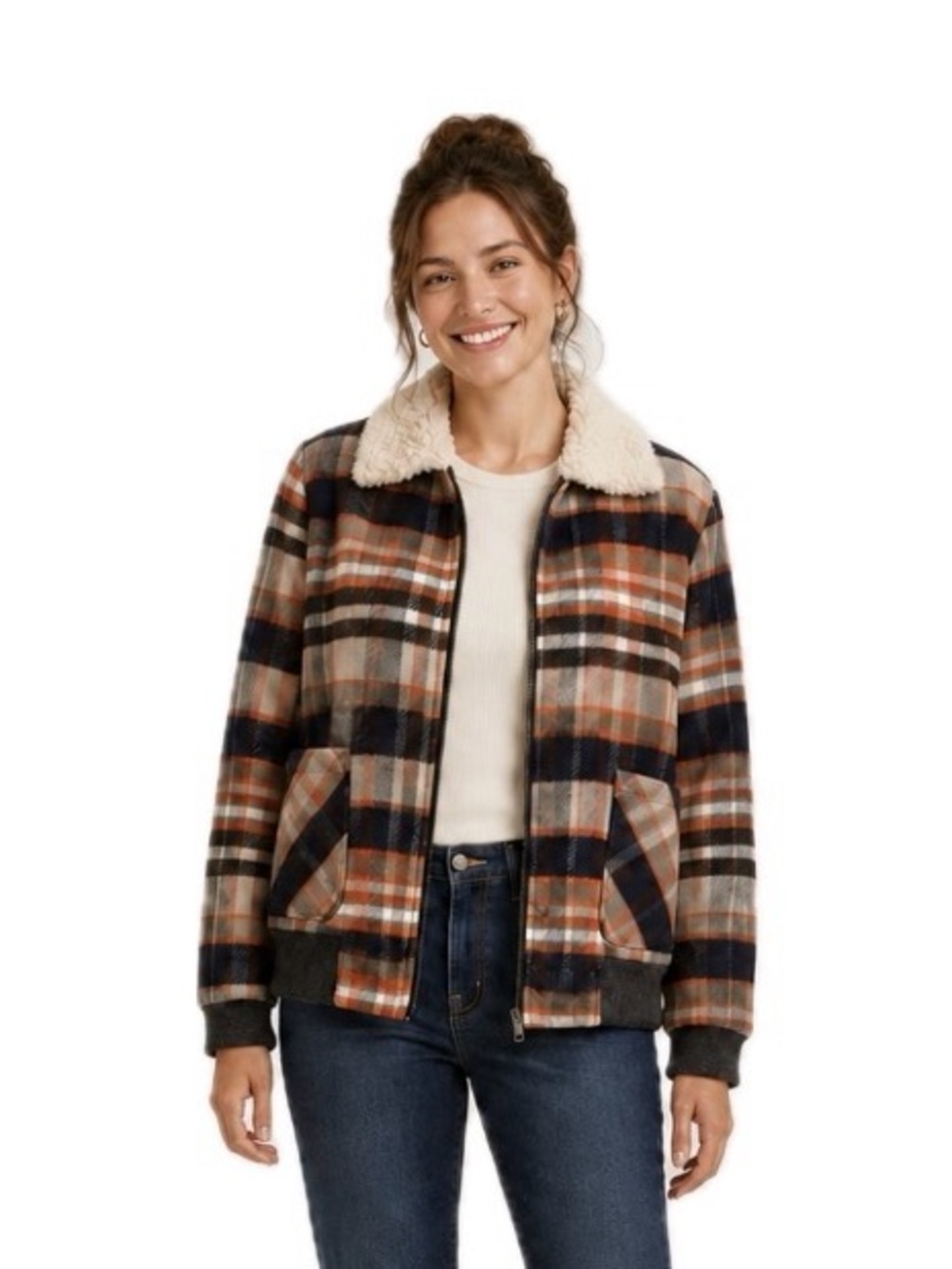Knox Rose Multicolor Plaid Bomber Jacket with Sherpa Collar